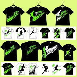 Create a design for 10 running t-shirts using black, white, and green colors