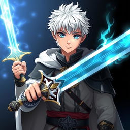 An anime boy, 20 years old, with white hair and blue eyes, dressed as a king in fantasy medieval attire, holding a mystical sword that embodies both light and darkness