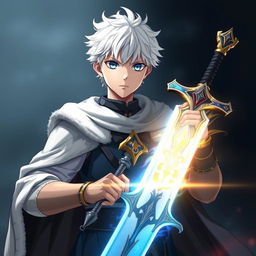 An anime boy, 20 years old, with white hair and blue eyes, dressed as a king in fantasy medieval attire, holding a mystical sword that embodies both light and darkness