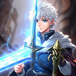 An anime boy, 20 years old, with white hair and blue eyes, dressed as a king in fantasy medieval attire, holding a mystical sword that embodies both light and darkness