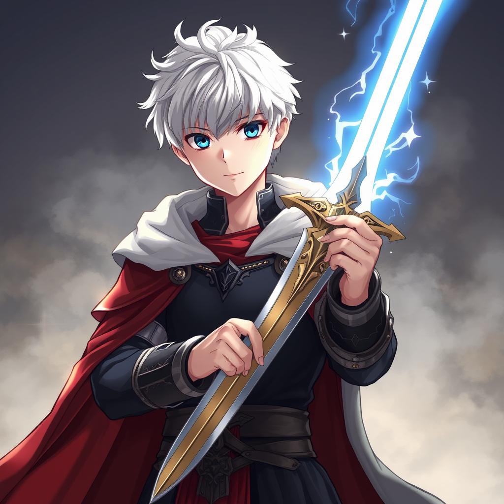 An anime boy, 20 years old, with white hair and blue eyes, dressed as a king in fantasy medieval attire, holding a mystical sword that embodies both light and darkness