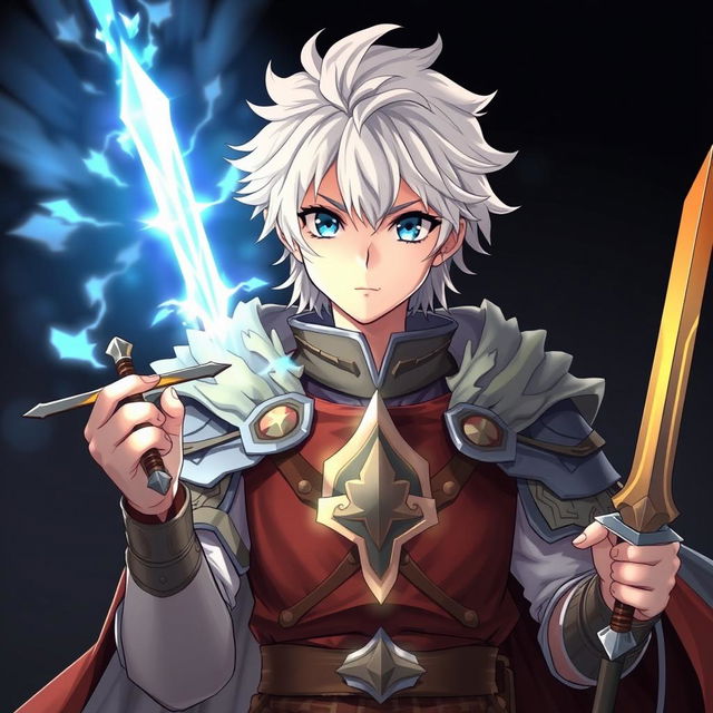 An anime-style 20-year-old boy with white hair and blue eyes, dressed as a king in fantasy medieval attire