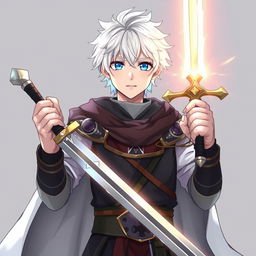 An anime-style 20-year-old boy with white hair and blue eyes, dressed as a king in fantasy medieval attire