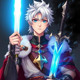 An anime-style 20-year-old boy with white hair and blue eyes, dressed as a king in fantasy medieval attire