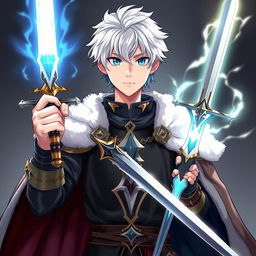 An anime-style 20-year-old boy with white hair and blue eyes, dressed as a king in fantasy medieval attire