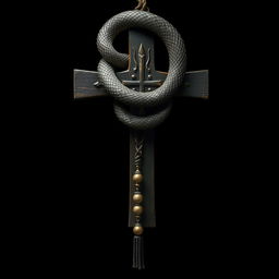 An upside-down cross with a snake wrapped around it