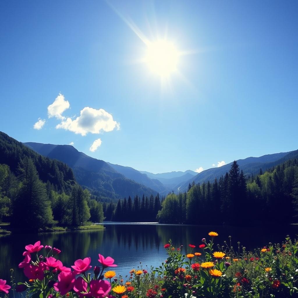 A beautiful landscape featuring a serene lake surrounded by lush green trees and mountains in the background