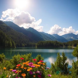 A beautiful landscape featuring a serene lake surrounded by lush green trees and mountains in the background