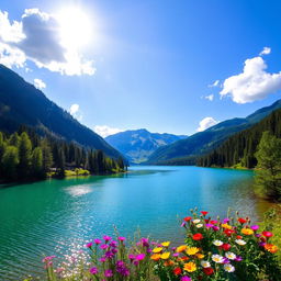 A beautiful landscape featuring a serene lake surrounded by lush green trees and mountains in the background