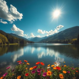 A beautiful landscape featuring a serene lake surrounded by lush green trees and mountains in the background