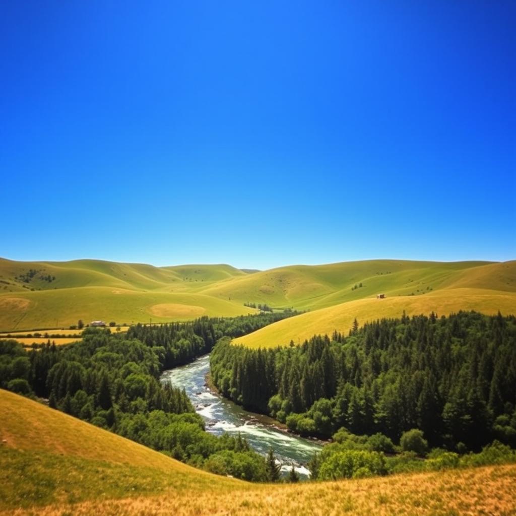 A serene landscape with a clear blue sky, rolling green hills, and a sparkling river flowing through a dense forest