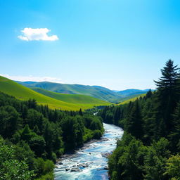 A serene landscape with a clear blue sky, rolling green hills, and a sparkling river flowing through a dense forest