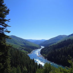 A serene landscape with a clear blue sky, rolling green hills, and a sparkling river flowing through a dense forest