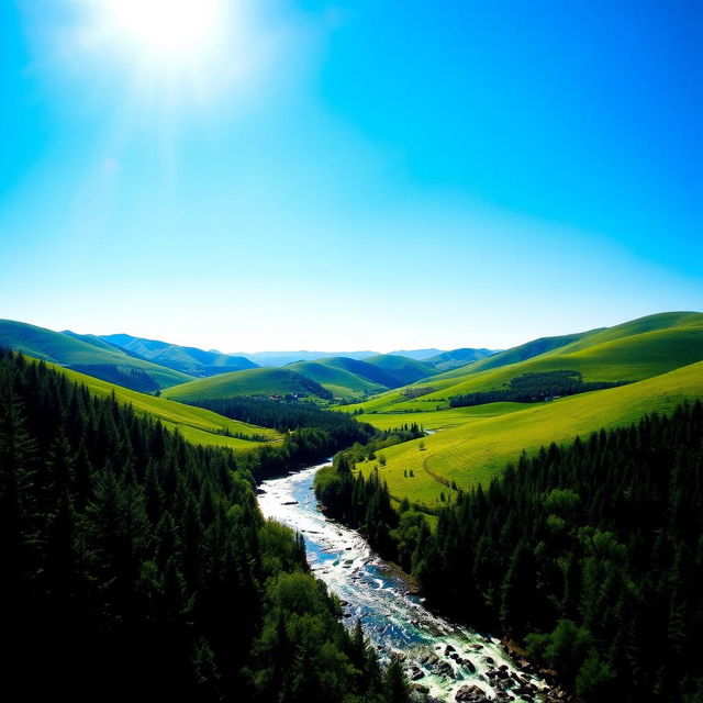 A serene landscape with a clear blue sky, rolling green hills, and a sparkling river flowing through a dense forest