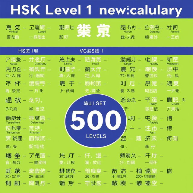 Create an educational image featuring all 500 words of the HSK Level 1 new vocabulary