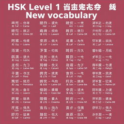 Create an educational image featuring all 500 words of the HSK Level 1 new vocabulary