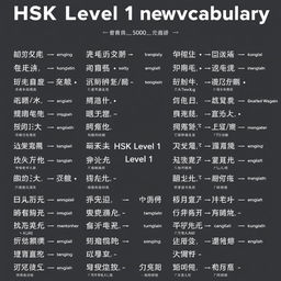 Create an educational image featuring all 500 words of the HSK Level 1 new vocabulary