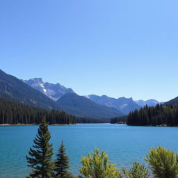 A beautiful landscape featuring a serene lake surrounded by lush green trees and majestic mountains in the background under a clear blue sky