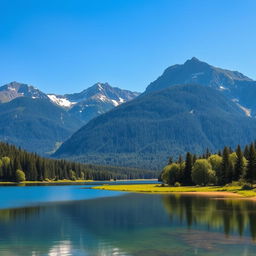 A beautiful landscape featuring a serene lake surrounded by lush green trees and majestic mountains in the background under a clear blue sky