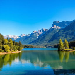 A beautiful landscape featuring a serene lake surrounded by lush green trees and majestic mountains in the background under a clear blue sky