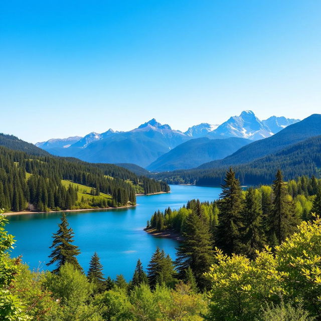 A beautiful landscape featuring a serene lake surrounded by lush green trees and majestic mountains in the background under a clear blue sky