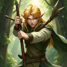 A male elf with golden hair and blue eyes, skillfully wielding a quarterstaff