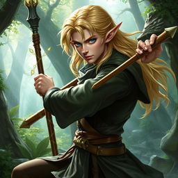 A male elf with golden hair and blue eyes, skillfully wielding a quarterstaff