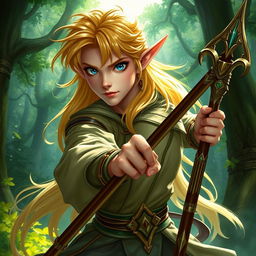 A male elf with golden hair and blue eyes, skillfully wielding a quarterstaff