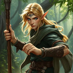 A male elf with golden hair and blue eyes, skillfully wielding a quarterstaff