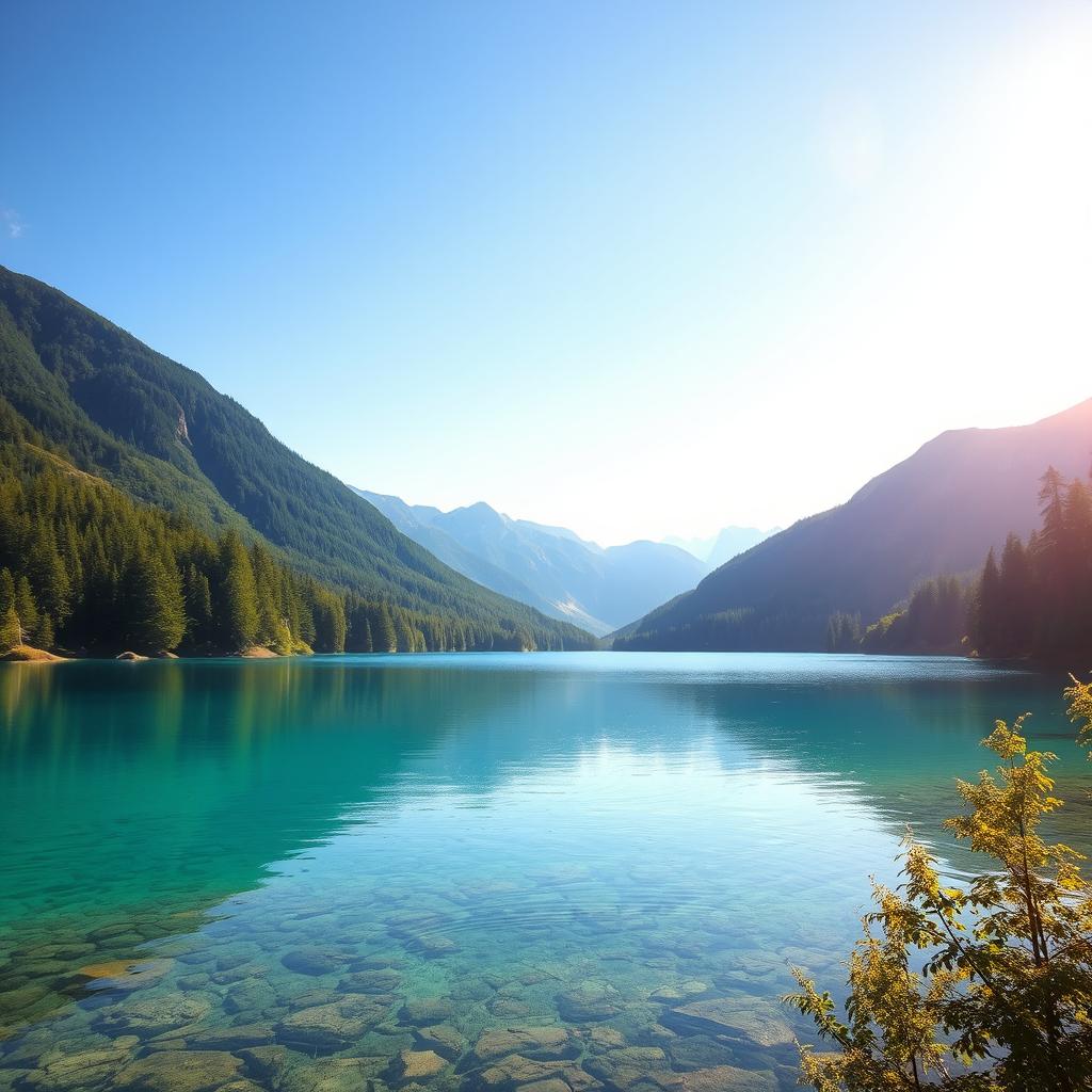 A serene landscape featuring a clear blue lake surrounded by lush green trees and mountains in the background, with a bright and sunny sky