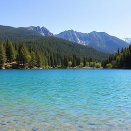 A serene landscape featuring a clear blue lake surrounded by lush green trees and mountains in the background, with a bright and sunny sky