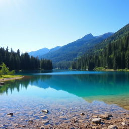 A serene landscape featuring a clear blue lake surrounded by lush green trees and mountains in the background, with a bright and sunny sky