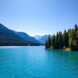 A serene landscape featuring a clear blue lake surrounded by lush green trees and mountains in the background, with a bright and sunny sky