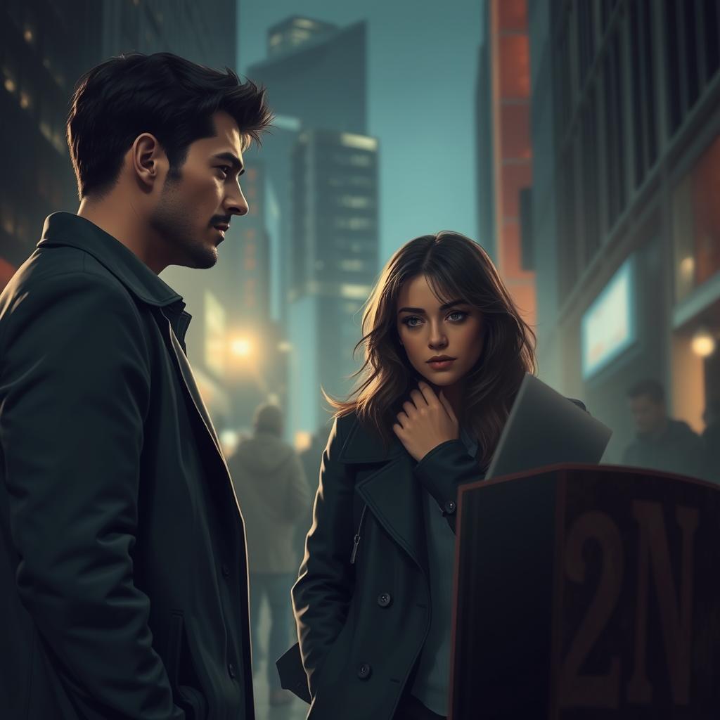 A dramatic scene depicting a secret affair between two characters in a modern urban setting