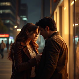 A dramatic scene depicting a secret affair between two characters in a modern urban setting