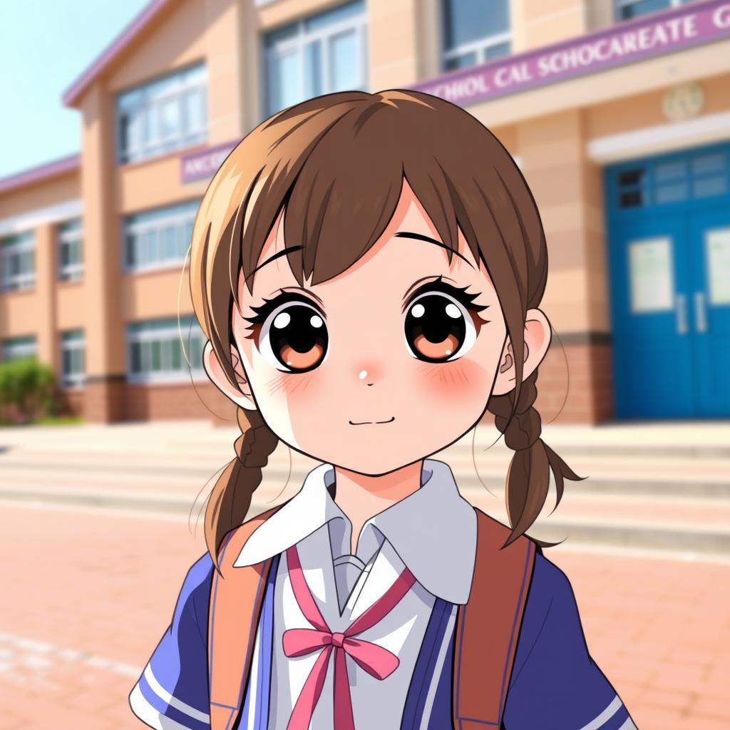 A cute girl with large expressive eyes, wearing a school uniform, standing in front of a school building