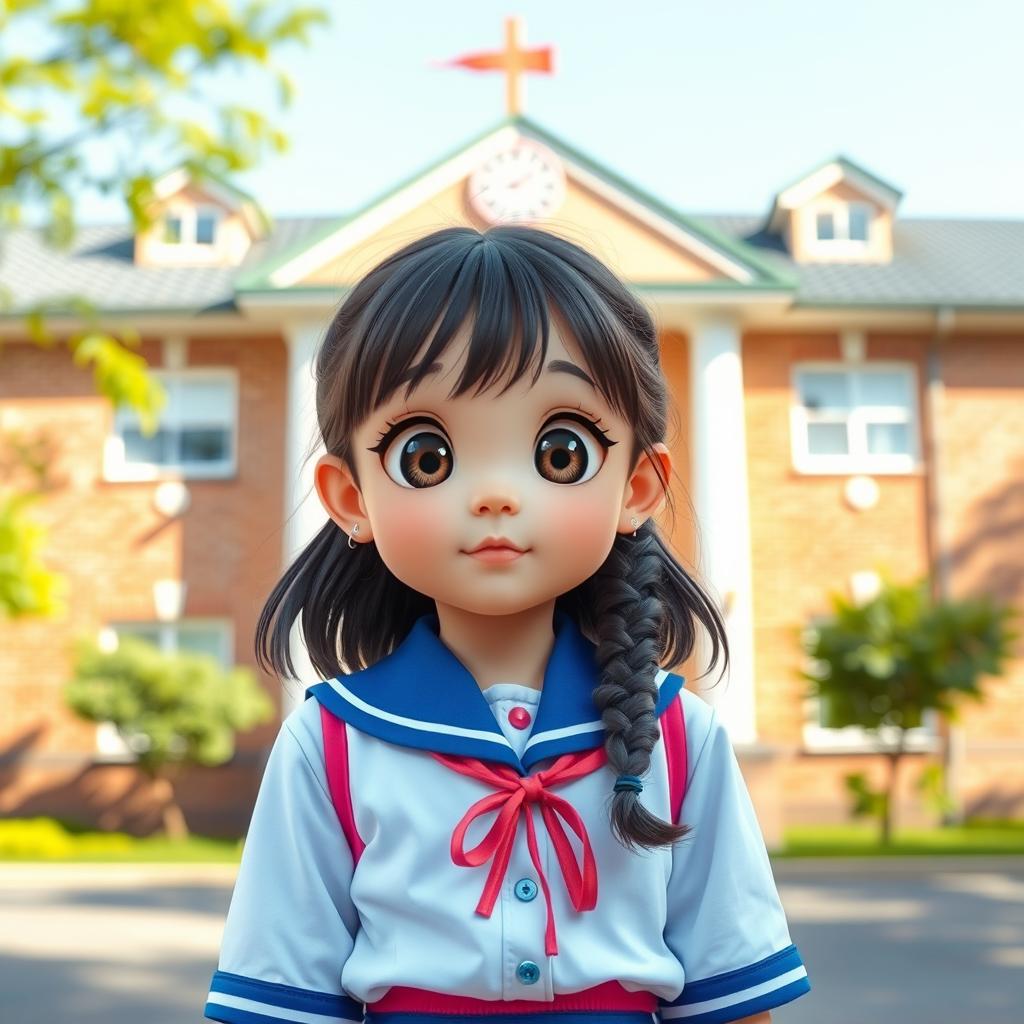 A cute girl with large expressive eyes, wearing a school uniform, standing in front of a school building