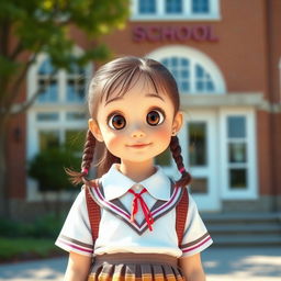 A cute girl with large expressive eyes, wearing a school uniform, standing in front of a school building