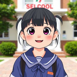 A cute girl with large expressive eyes, wearing a school uniform, standing in front of a school building