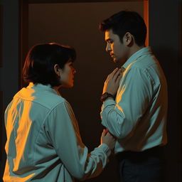 A dramatic scene depicting an affair, showing two people in a secretive, intimate moment while another person looks on in shock or sadness