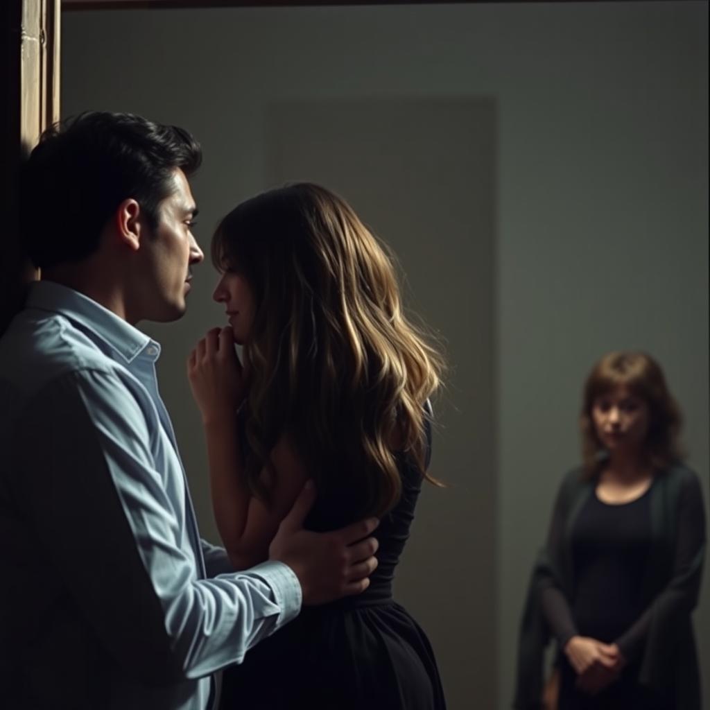 A dramatic scene depicting an affair, showing two people in a secretive, intimate moment while another person looks on in shock or sadness