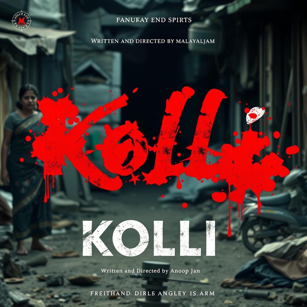 Create a movie poster titled 'Kolli' in Malayalam font, with the text 'Written and Directed by Anoop Jan