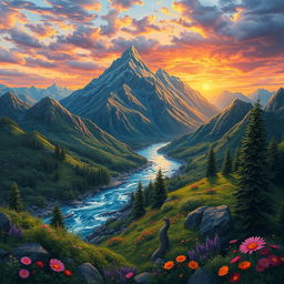 A detailed and imaginative scene featuring a beautiful landscape with mountains, a river, and a vibrant sunset