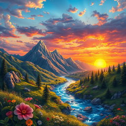 A detailed and imaginative scene featuring a beautiful landscape with mountains, a river, and a vibrant sunset