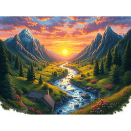 A detailed and imaginative scene featuring a beautiful landscape with mountains, a river, and a vibrant sunset