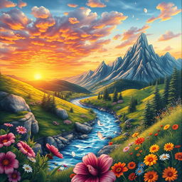 A detailed and imaginative scene featuring a beautiful landscape with mountains, a river, and a vibrant sunset