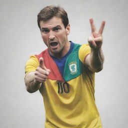 Recreate the image of famous football players showing mildly rude gestures in a colorful pencil drawing style