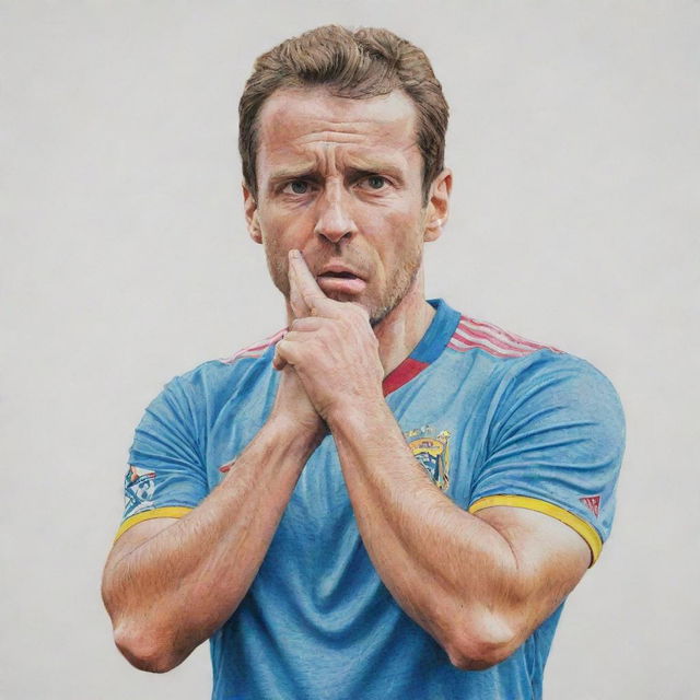 Recreate the image of famous football players showing mildly rude gestures in a colorful pencil drawing style