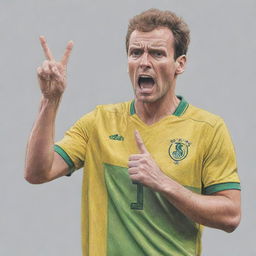 Recreate the image of famous football players showing mildly rude gestures in a colorful pencil drawing style