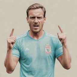 Convert the image of famous football players displaying playful rude gestures into the style of a coloured pencil sketch